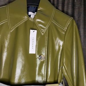 Topshop Long Green Trench Coat. Brand New with tags. Laminated finish. US size 2